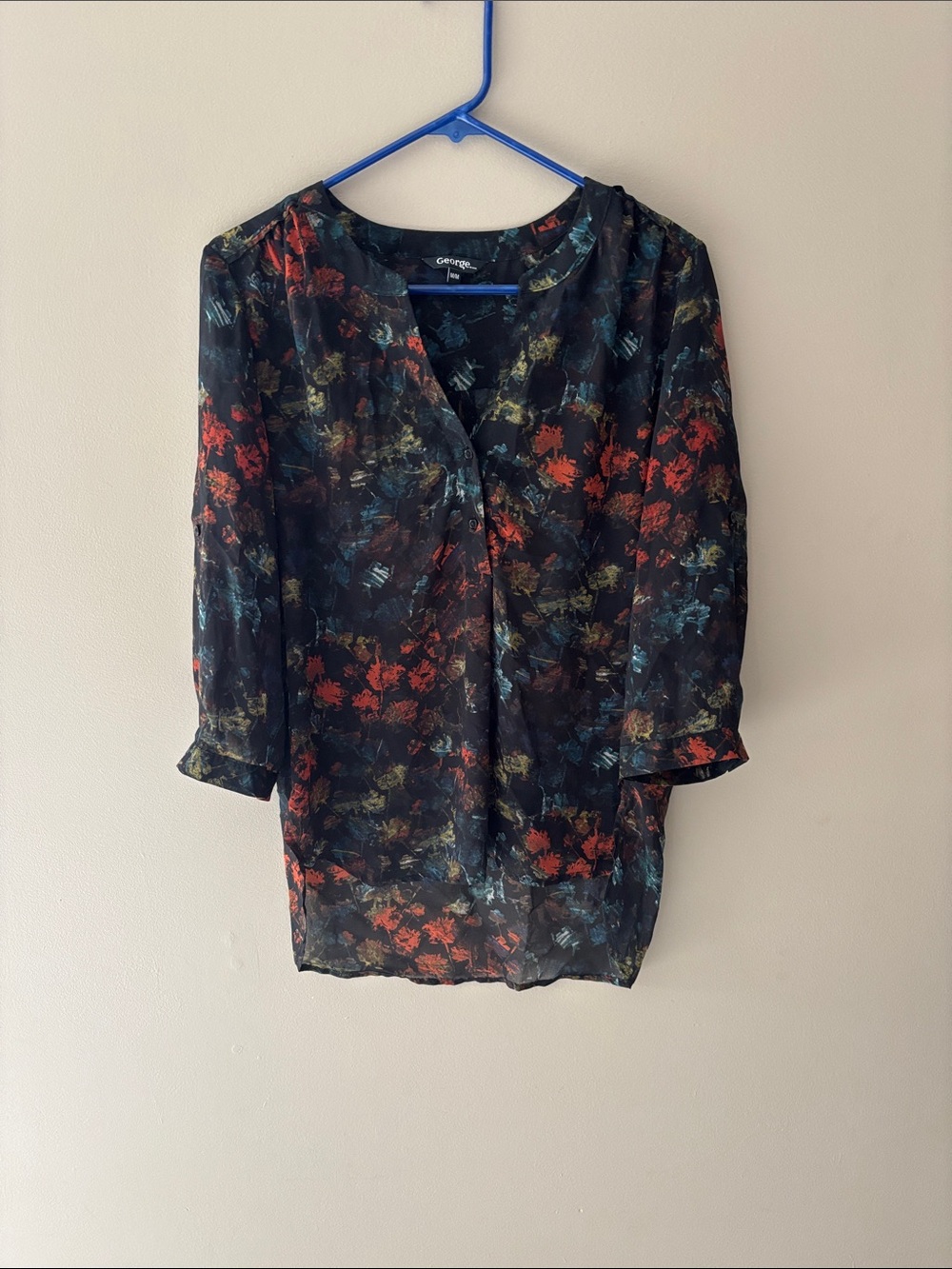 George Black Sheer Floral Blouse - Red, Blue, Gold Print